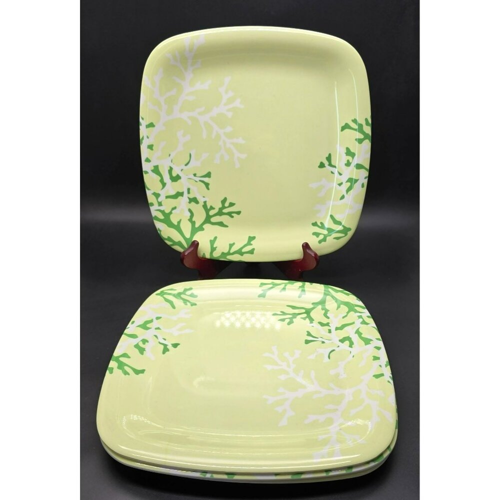Martha Stewart Square Melamine Dinner Plates Green White Coral Design DH1322
